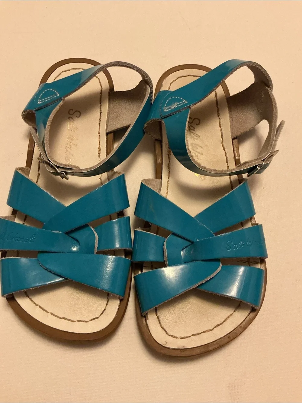 Girls' Teal Patent Leather Strappy Sandals with Ankle Buckle